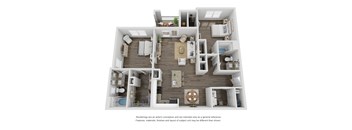 A 3D floor plan of a house with a kitchen, living room, dining room, and bedrooms.