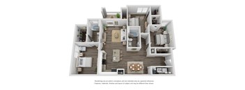 A 3D floor plan of a house with a living room, dining room, kitchen, and bedrooms.