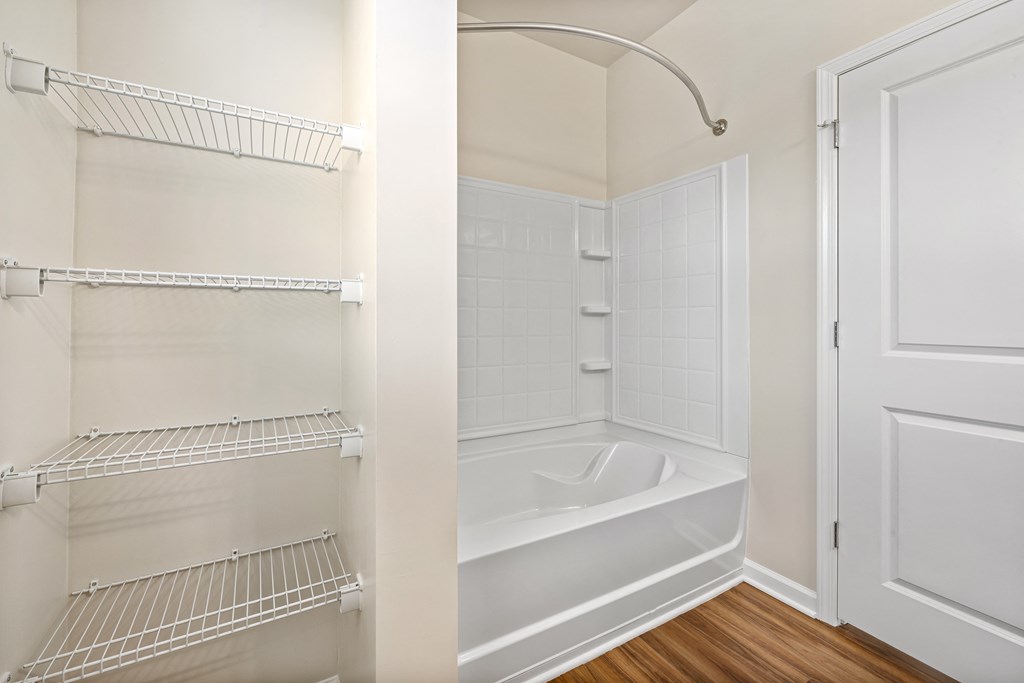 a bathroom with a shower and a bath tub and a closet