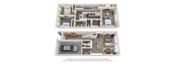 a stylized 3d floor plan of a house with a bedroom and living room
