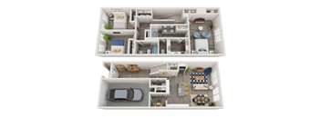A detailed 3D floor plan of a two-story house with labeled rooms.