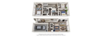 a stylized 3d floor plan of a house with a bedroom and living room