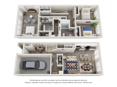 a stylized 3d floor plan of a house with a bedroom and living room