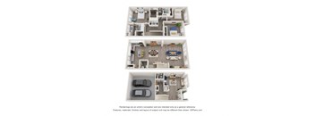 a stylized 3d floor plan of a 3 bedroom apartment