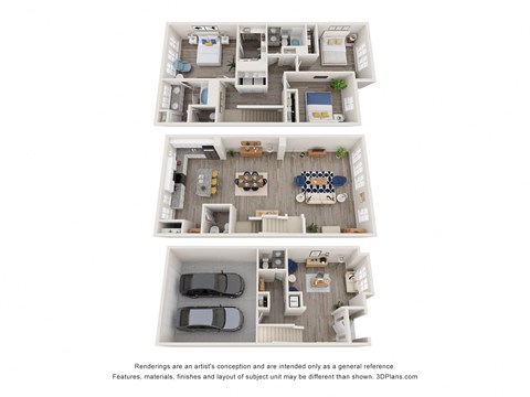 a stylized 3d floor plan of a 3 bedroom apartment