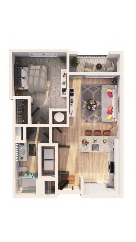 a furnished apartment with a bedroom and living room