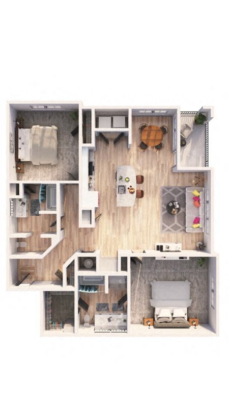 a furnished apartment with a bedroom and living room