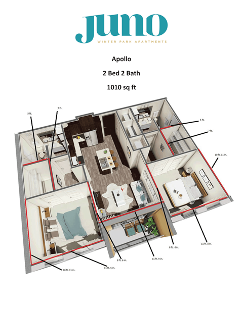 A Jumo Winter Park Apartments floor plan for an Apollo apartment with a 2 Bed 2 Bath and 1010 sq ft.
