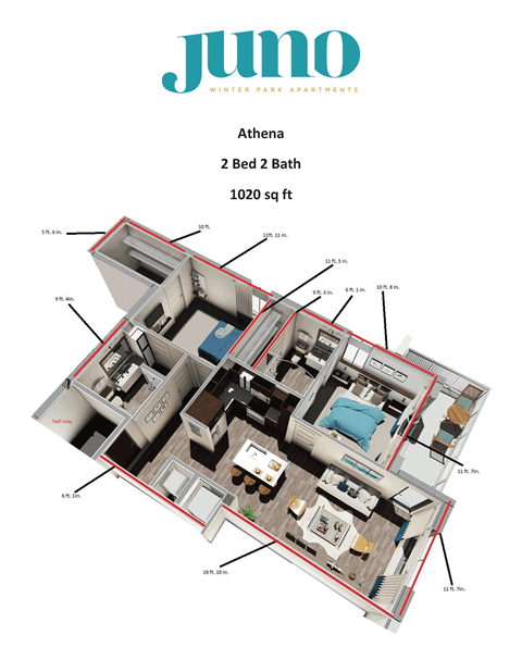 A floor plan of a Jumo Winter Park Apartments apartment named Athena, featuring a 2 Bed 2 Bath layout and a total area of 1020 sq ft.