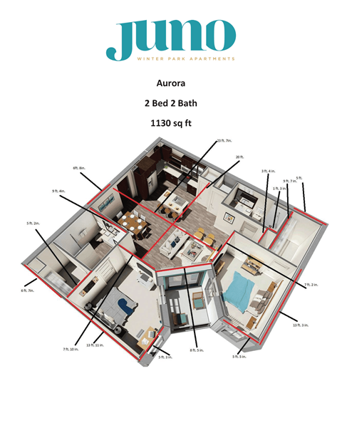 A floor plan of a 2 bedroom, 2 bathroom apartment from Jumo Winter Park Apartments.