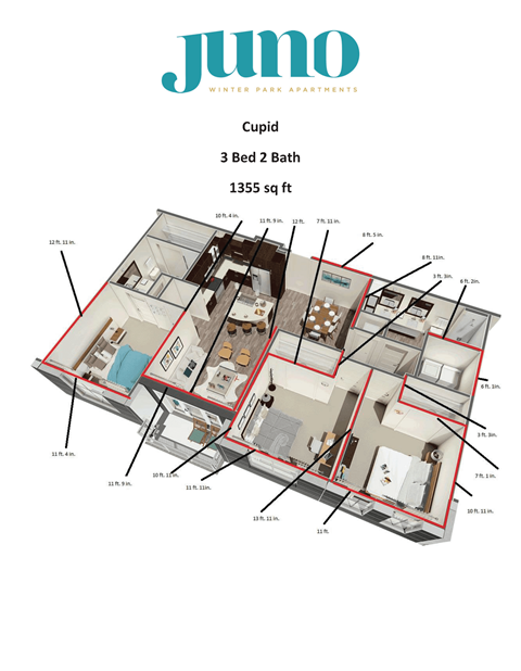 A diagram of a 3 bedroom, 2 bathroom apartment sized at 1355 sq ft.