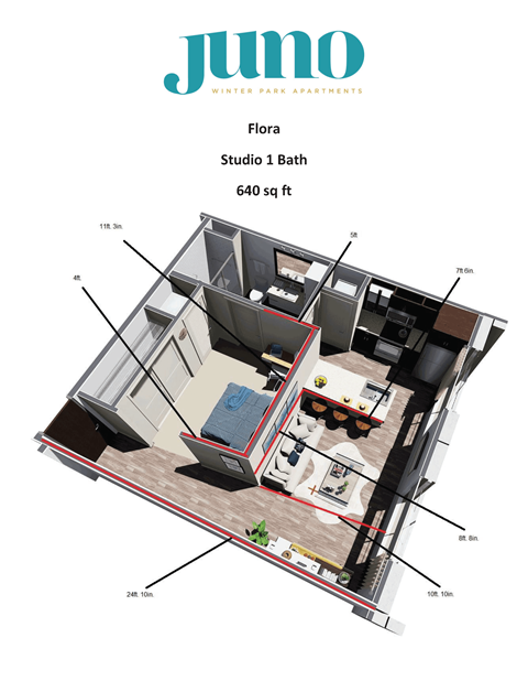 A floor plan of a studio apartment with a bath and a living area.