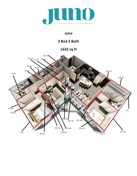 A 3 Bed 3 Bath apartment from Jumo Winter Park Apartments is 1632 sq ft.