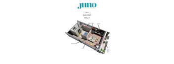 A diagram of a studio apartment layout with a bathroom and kitchen.