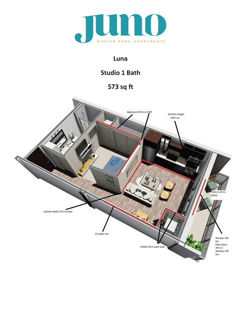 A diagram of a studio apartment layout with a bathroom and kitchen.
