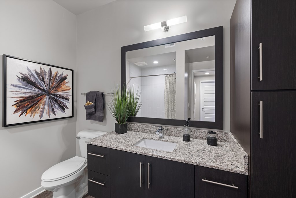 A bathroom with a white toilet, a black cabinet, and a large mirror.