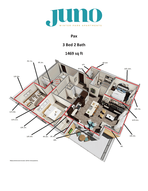 A floor plan of a Jumo apartment with a 3 bed 2 bath and 1469 sq ft.