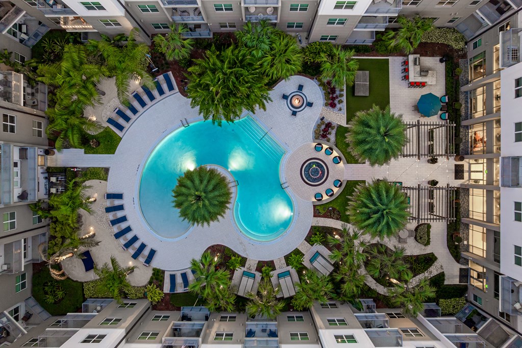 A pool surrounded by palm trees and a white fence.