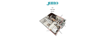 A floor plan of a Jumo apartment showing a west facing 1 bed 1 bath apartment that is 657 sq ft.