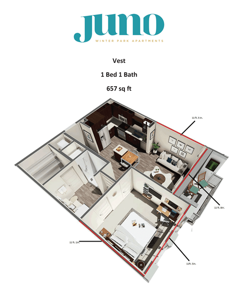 A floor plan of a Jumo apartment showing a west facing 1 bed 1 bath apartment that is 657 sq ft.