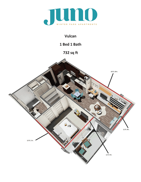 A floor plan of a Jumo apartment with a 1 Bed 1 Bath and 732 sq ft.