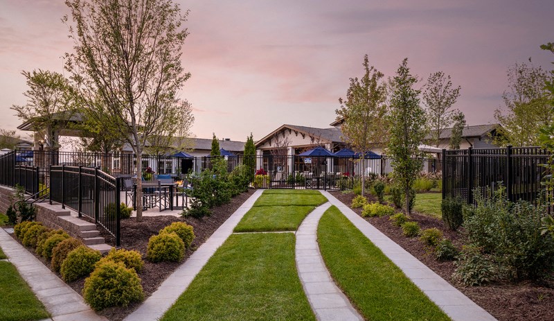 a yard with a path and houses in the background