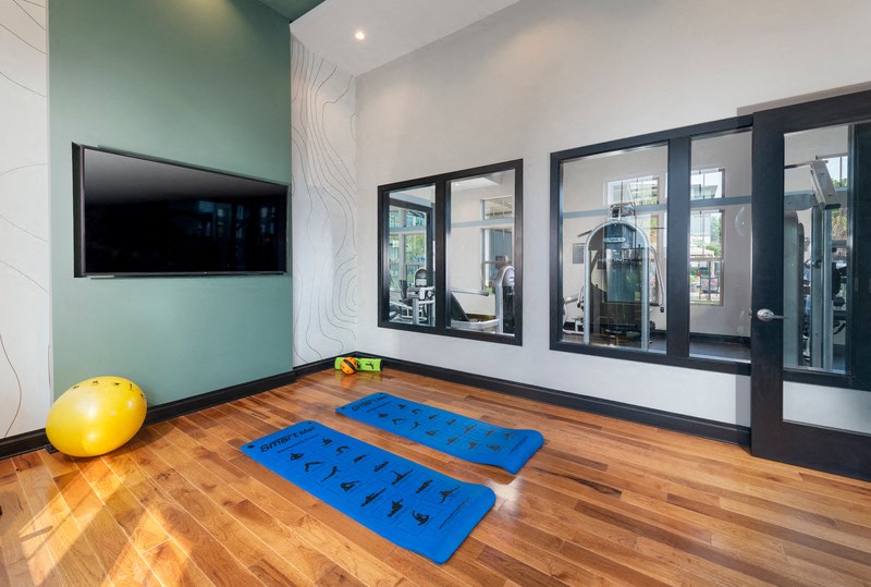 a yoga room with two blue mats and a yellow ball on the floor