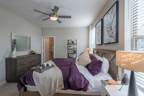 bedroom with bed and ceiling fan and dresser with a mirror