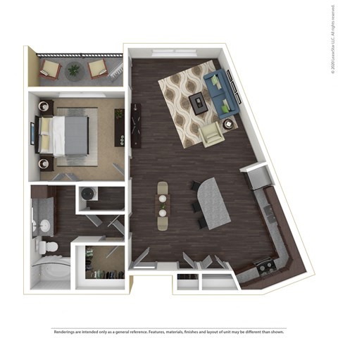A1F a stylized floor plan of a 1 bedroom apartment