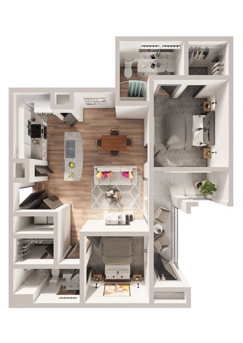 a stylized floor plan with a bedroom and a living room