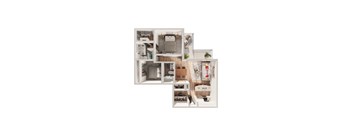 a stylized floor plan of a house with a bedroom and a living room