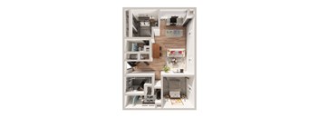 a 3d drawing of the living room and kitchen of a 1 bedroom apartment