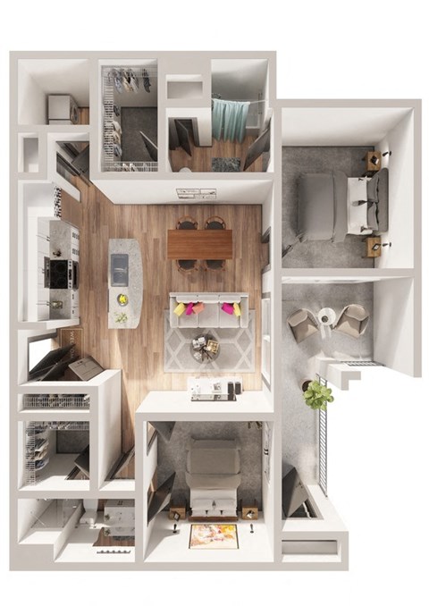 a stylized floor plan of a 1 bedroom apartment
