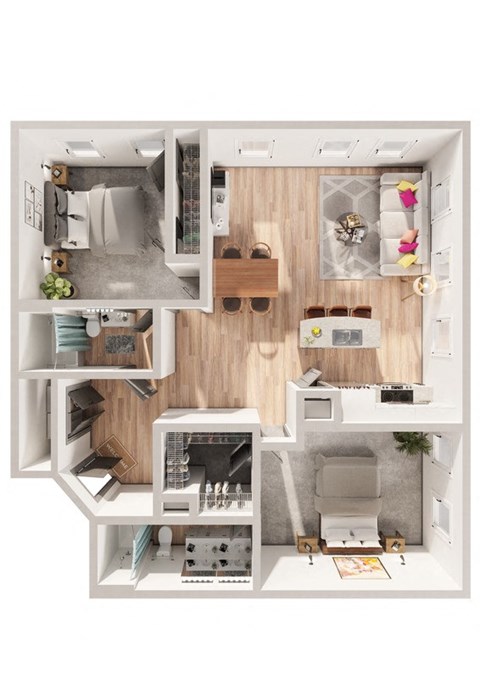 a stylized floor plan of a 1 bedroom apartment