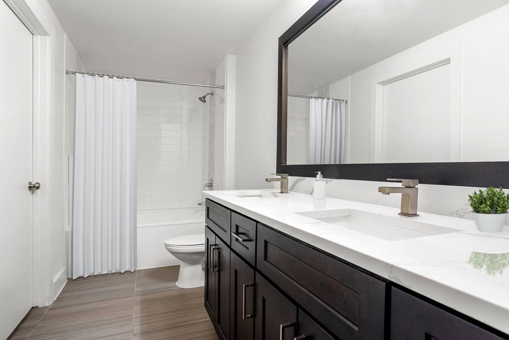 a bathroom with a large mirror and a sink and a toilet