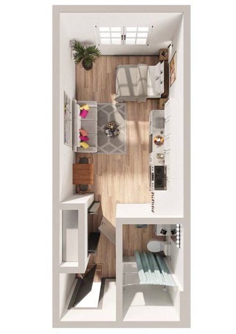 a stylized floor plan with a bedroom and a living room