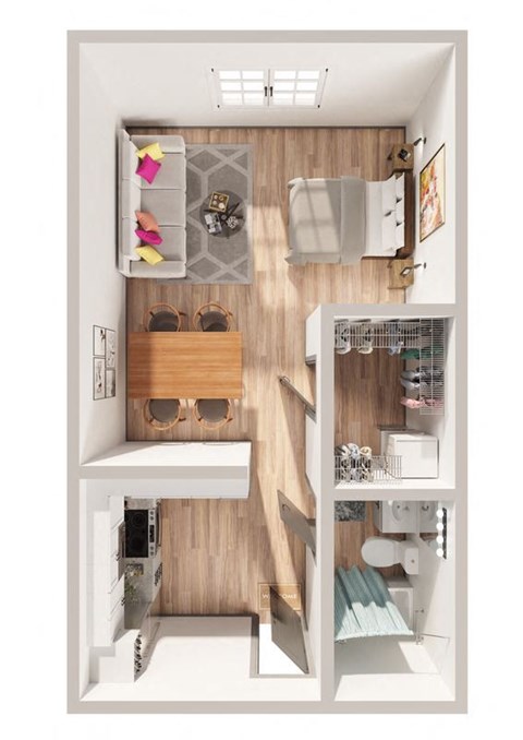 an overhead view of a bedroom with a closet and a desk