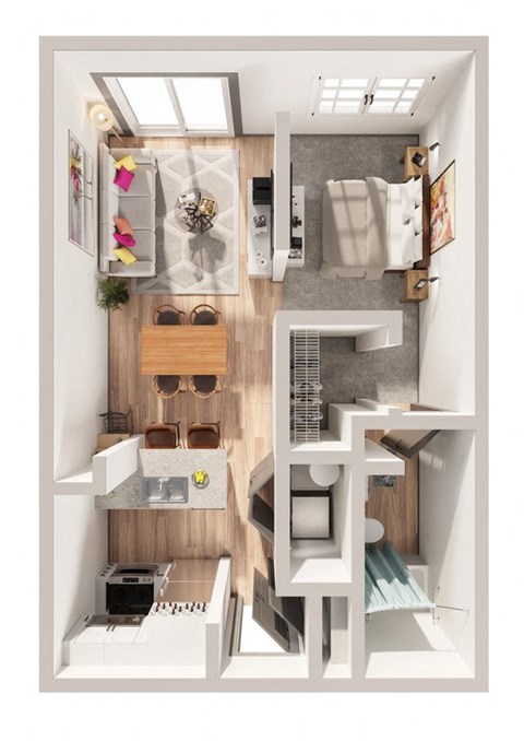 a rendering of a 1 bedroom apartment with a bathroom and a living room