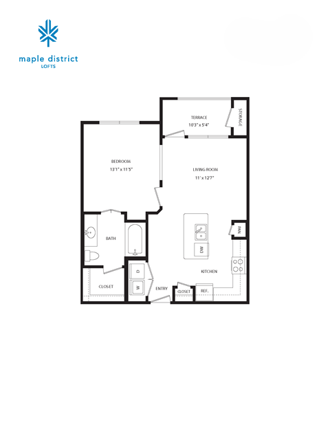 A floor plan of a Maple District Lofts apartment.