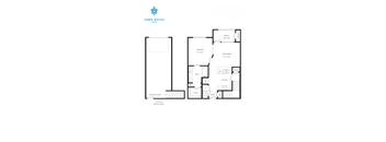 A floor plan for a Maple District Lofts apartment shows a living area, a bedroom, a bathroom, and an appliance garage.