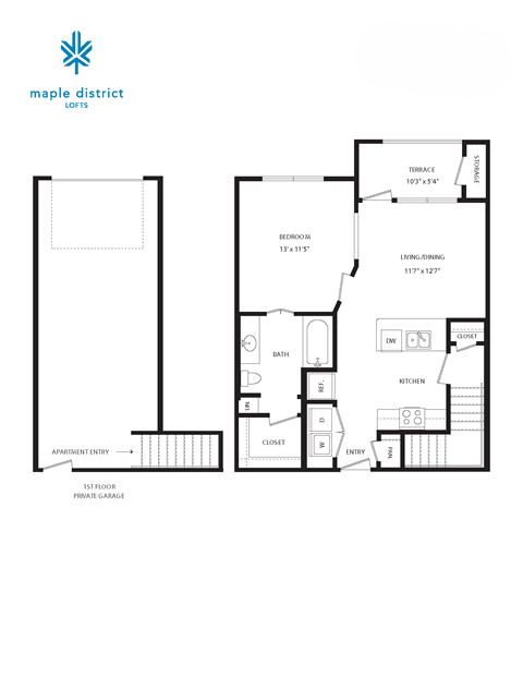 A floor plan for a Maple District Lofts apartment shows a living area, a bedroom, a bathroom, and an appliance garage.