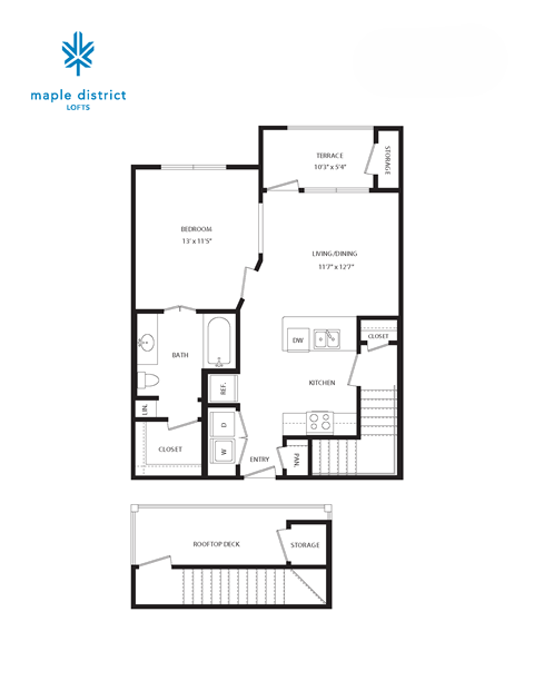 A floor plan for a Maple District loft shows a living area, bedrooms, and a storage space.
