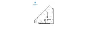 A floor plan of a house layout with a kitchen, living room, and two bedrooms.