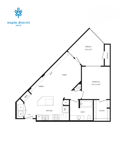 A floor plan of a house layout with a kitchen, living room, and two bedrooms.