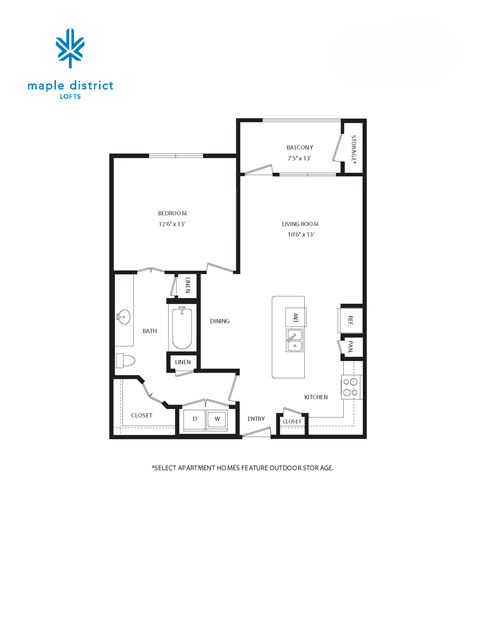 A black and white floor plan for a Maple District Lofts apartment.