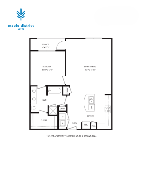 A black and white floor plan for a Maple District Lofts apartment.