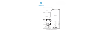 A floor plan of a Maple District loft with a living room, kitchen, and bathroom.