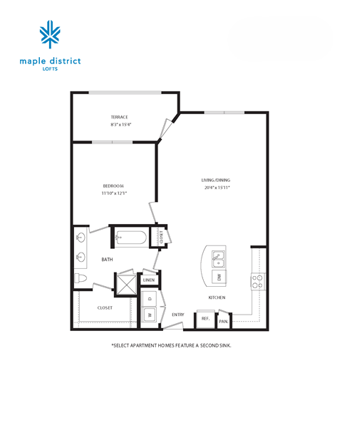 A floor plan of a Maple District loft with a living room, kitchen, and bathroom.