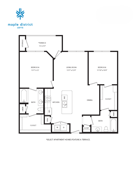 A floor plan of an apartment with a terrace.