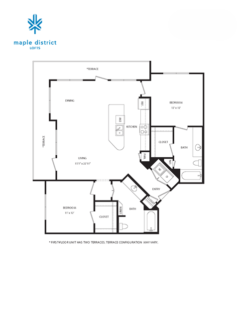A black and white floor plan of a Maple District loft.